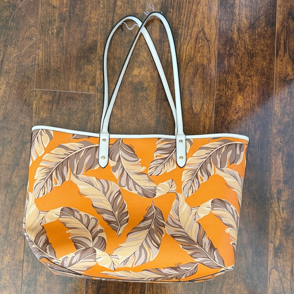Coach Orange and Brown Leaf Tote Bag